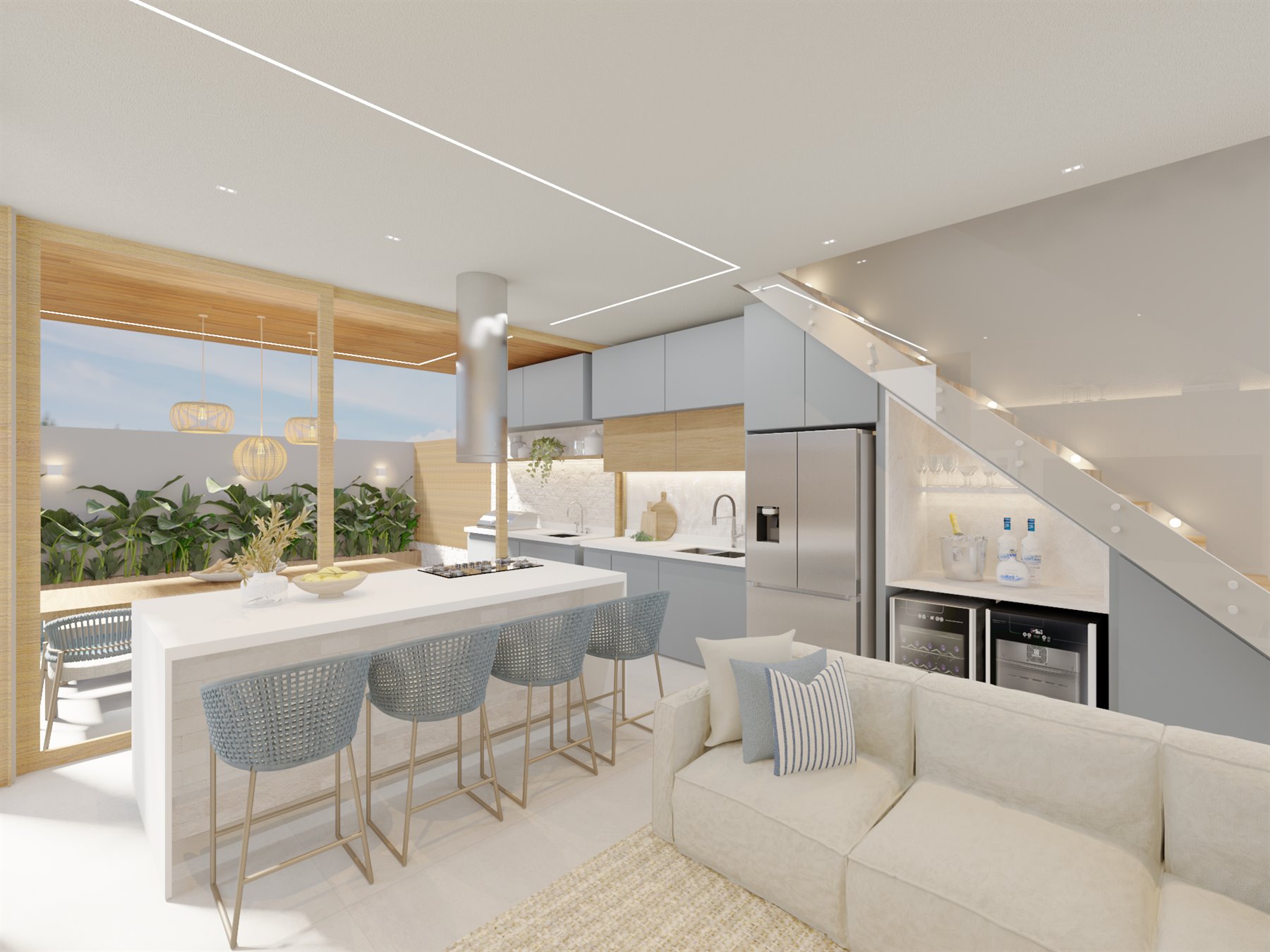 Sala integrada à cozinha com ilha, escada de vidro e jardim